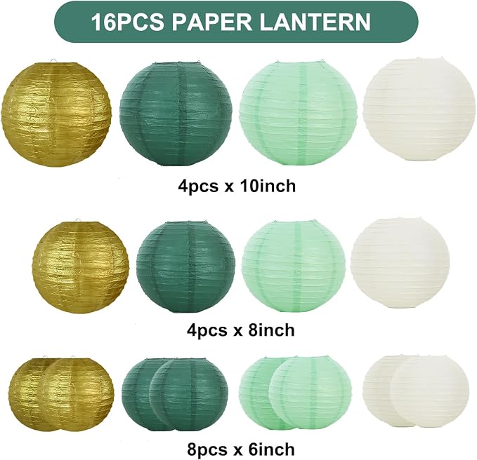 BEISHIDA Sage Green Gold Paper Lanterns 16Pcs 6/8/10Inch Round Chinese Lamp | - Image 2