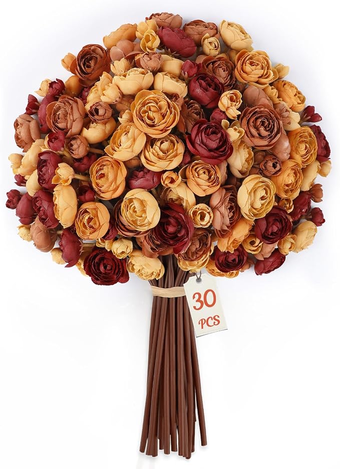 Alupssuc 30Pcs Ranunculus Artificial Flowers Fall Faux Silk Mini Ranunculus | - Image 2