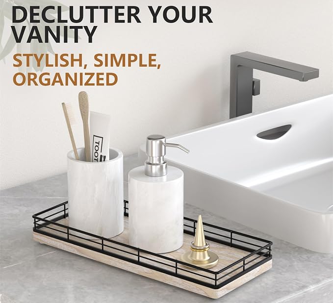 Bathroom Tray for Counter Top Organizer, Ash Wood Vanity Tray | Metal Frame for - Image 3