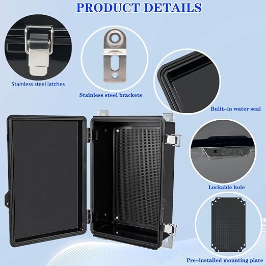 Waterproof Electrical Box, IP67 Junction Box Stainless Steel Latch Hinged Black - Image 3