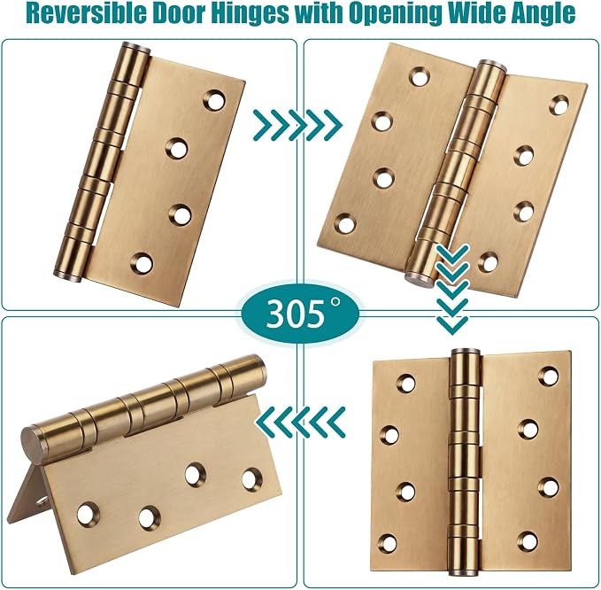 3 Pcs Brass 4'' Ball Bearing Door Hinges, Square Corner | Stainless Steel - Image 3