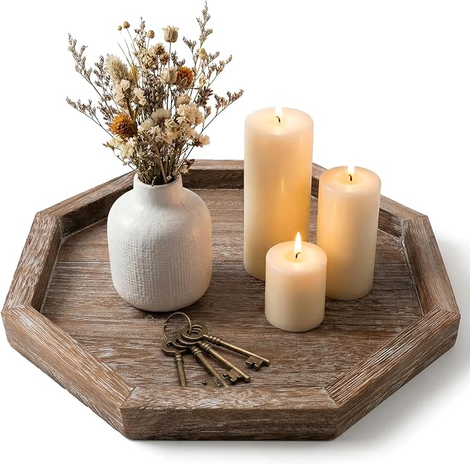 Rustic Candle Holder Plate Round Wooden Decorative Tray by Ayiaren