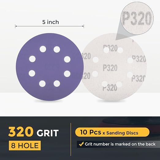 HARFINGTON 10Pcs 5Inch Sanding Disc 8 Hole 320Grit Purple Aluminum Oxide | Hook - Image 2