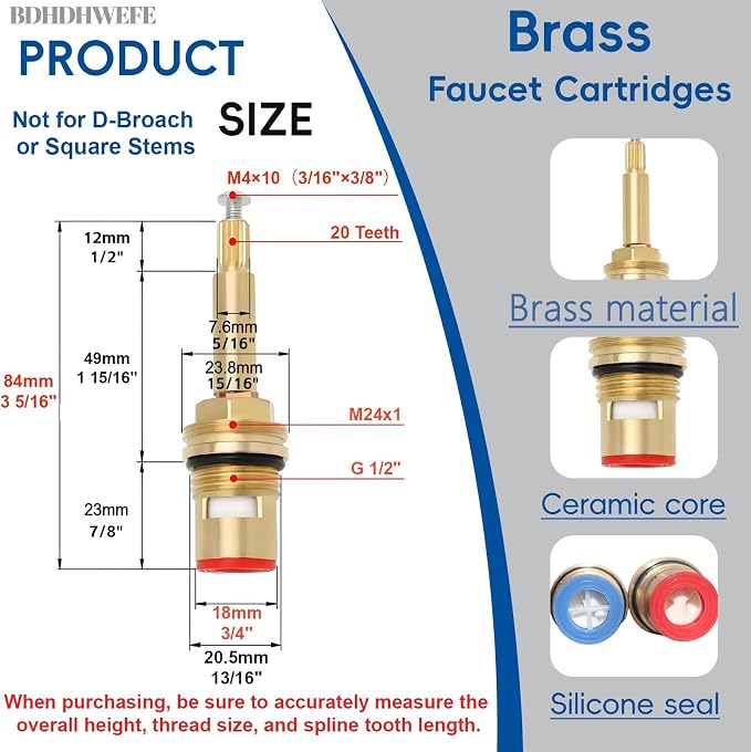 2 Pack 20 Teeth Spline Brass Faucet Cartridges Hot and Cold, 84x12mm（3 - Image 2