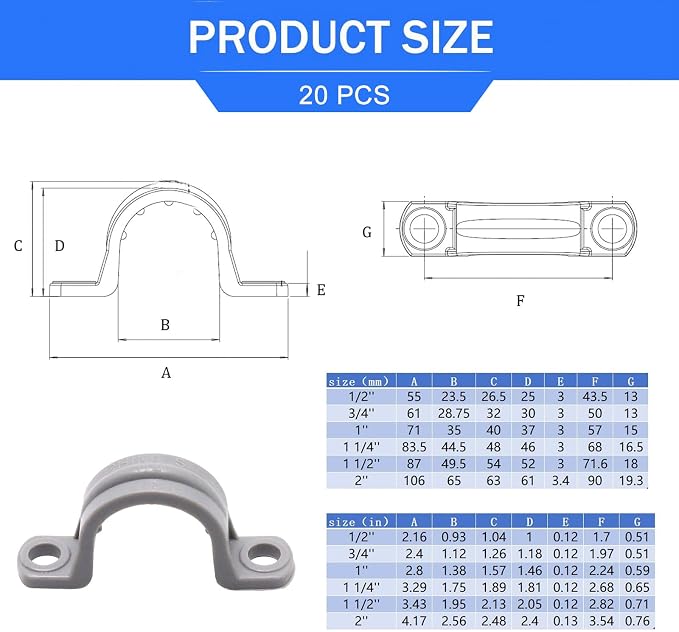 3/4 Inch PVC Pipe Strap, 2-Holes Conduit Pipe Clamps Plastic Pipe Supports - Image 2