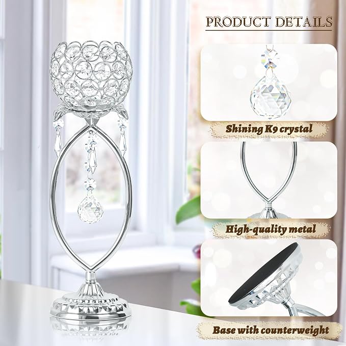 2 Pcs Silver Elegant Metal Crystal Tea Light Candle Holders - Image 3