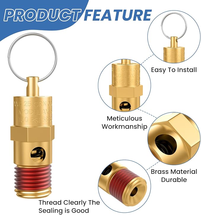 1/4" Male NPT Brass Safety Valve, 1 Pack | 175 PSI Pressure Relief - Image 3