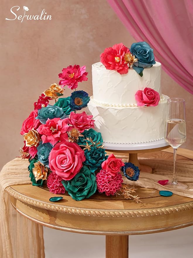 Serwalin Artificial Flowers Hot Pink & Teal Silk Flowers - Image 3
