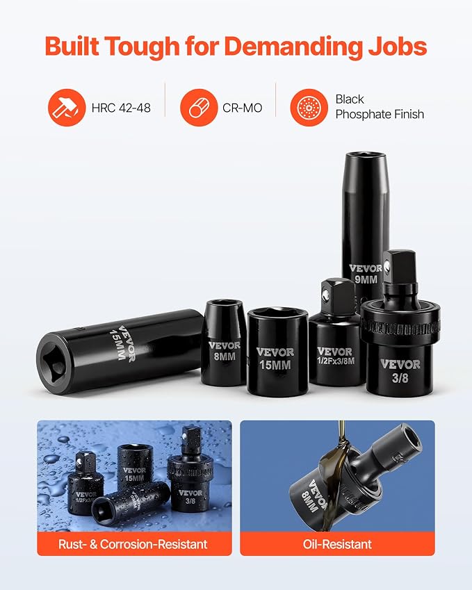 VEVOR Impact Socket Set 3/8" Drive, CR-MO Swivel Sockets, SAE 5/16"-3/4" & - Image 2