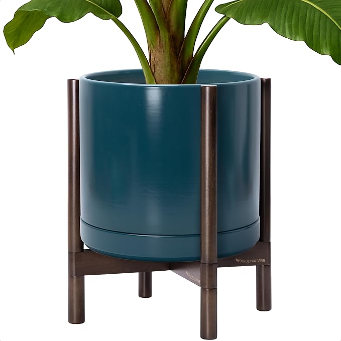 D'vine Dev Ceramic Pot with Walnut Wood Stand, 14 in, 55-B-T-4 | Mid-Century by DvineDevPlanterPotsandStand