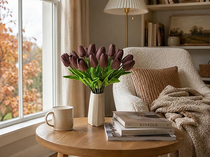 Mandy's 20pcs Artificial Brown Tulips | 13.5 Inch Lifelike PU Tulips Faux - Image 8