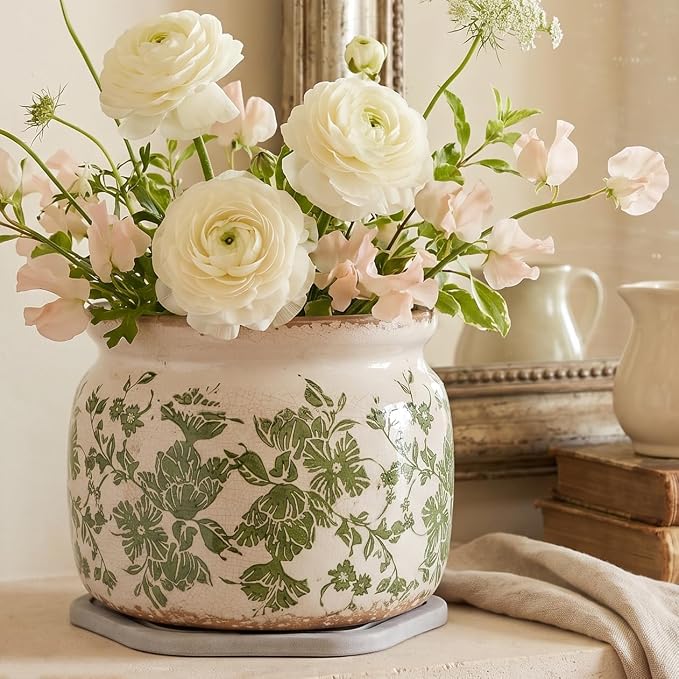 Tuscan Ceramic Planter with Decorative Tray, Plant Lover Gifts - Image 2