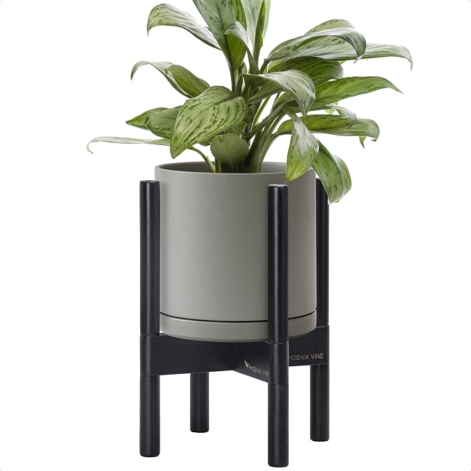 D'vine Dev Ceramic Pot with Ebony Wood Stand, 8 in, 55-B-M-3 | Mid-Century by DvineDevPlanterPotsandStand