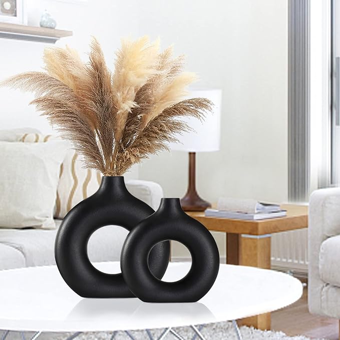 Black Ceramic Vase for Modern Home Decor, Round Matte Pampas Flower Vases - Image 4
