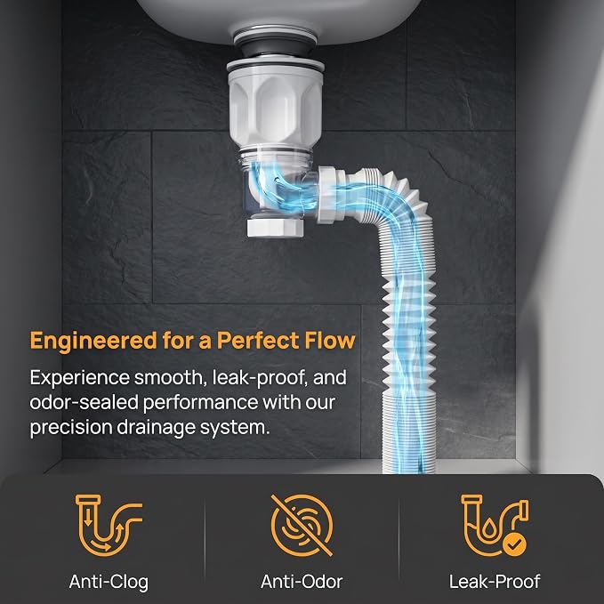 Bathroom Sink Drain Pipe with Flexible Corrugated Extension Tube, Flip-Top Seal - Image 3
