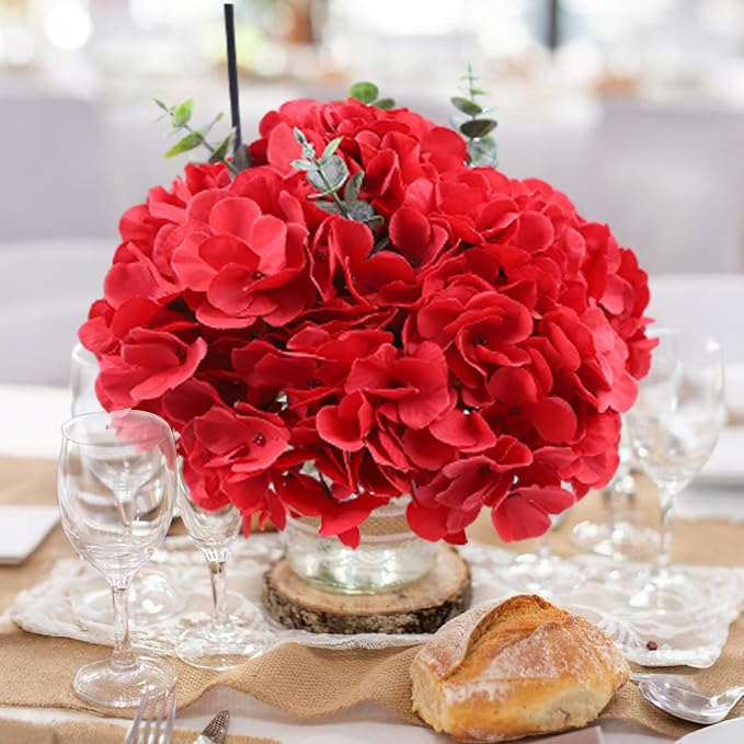 AVIVIHO Fake Flowers 65pcs Red Hydrangea Artificial Flowers Bulk Silk Flowers - Image 2