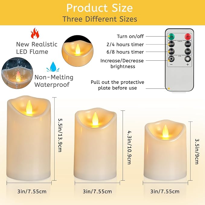 Flameless Candles 4" 5" 6" Set of 3 Outdoor Indoor Ivory Pillars Battery - Image 3
