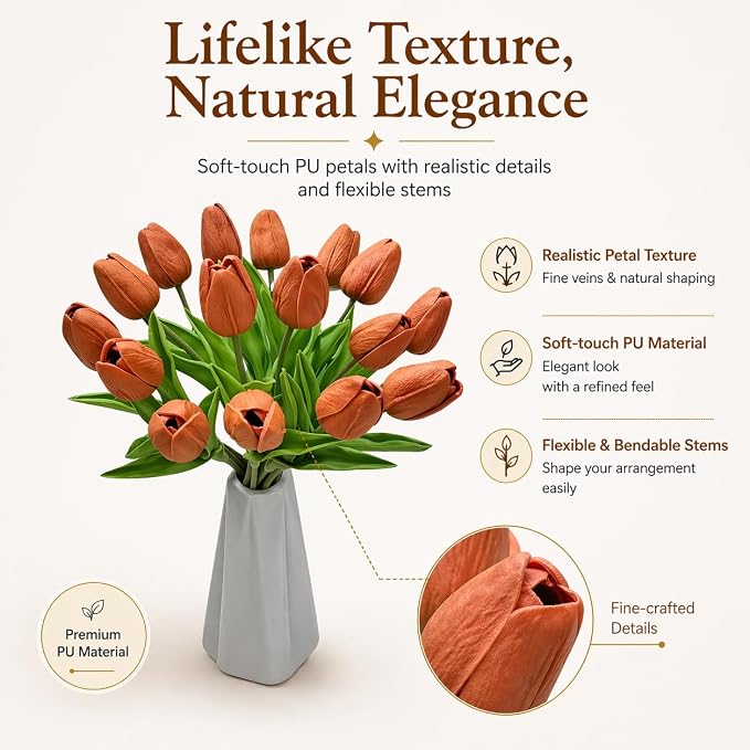 Mandy's 20pcs Artificial Burnt Orange Tulips | 13.5 Inch Lifelike PU Tulips - Image 2