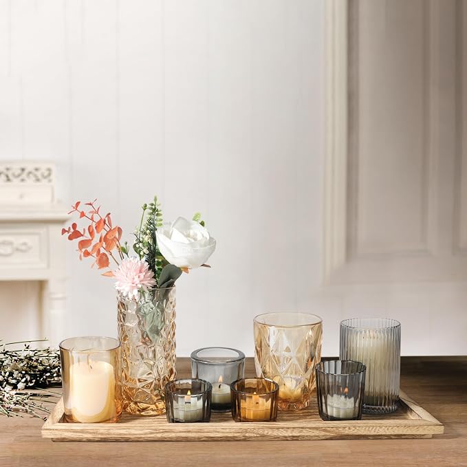 Rustic Wooden Tray with 8 Brown Glass Votive Candle Holders | Decorative Tea - Image 7