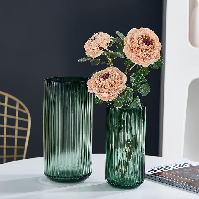 Flower Vase 10 inch Green Thickened Hand Blow Glass Vase Round Vintage Striped - Image 6