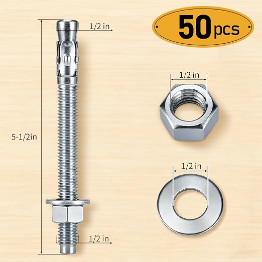 1/2" x 5-1/2" 50PCS Concrete Wedge Anchors, Heavy-Duty Cement Anchor Bolts - Image 2