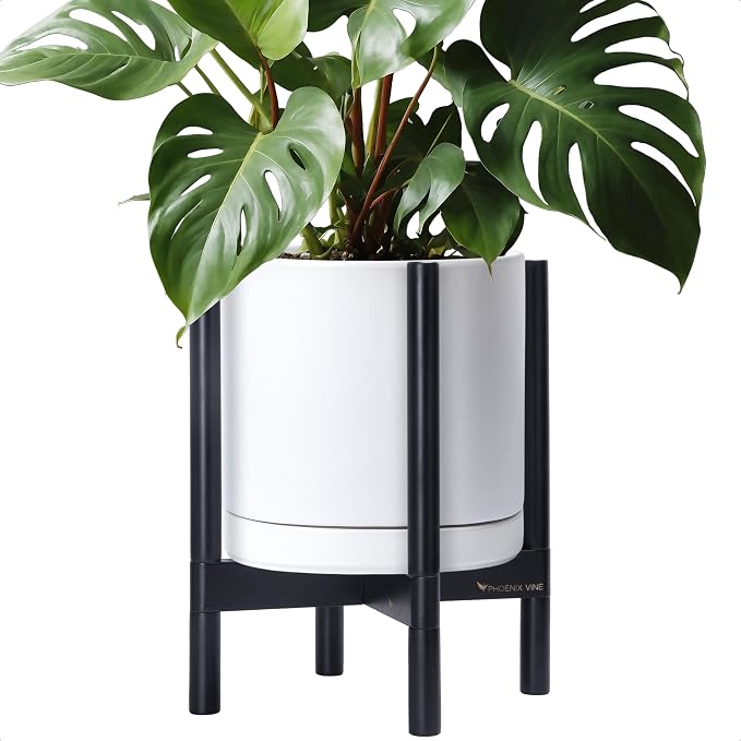 D'vine Dev Ceramic Pot with Ebony Wood Stand, 12 in, 55-B-H-1 | Mid-Century by DvineDevPlanterPotsandStand