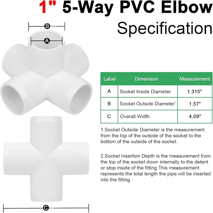 4Pack 1" Tee PVC Pipe Fitting 5 Way Elbow Connector Furniture Grade SCH40 5-Way - Image 2