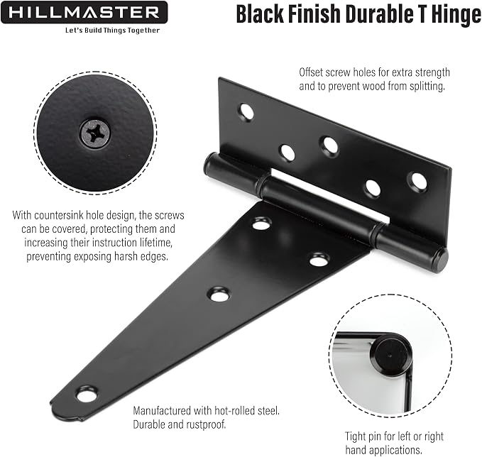 HILLMASTER 10 Inch T-Strap Heavy Duty Shed Door Hinges Gate Strap Hinges Black - Image 4