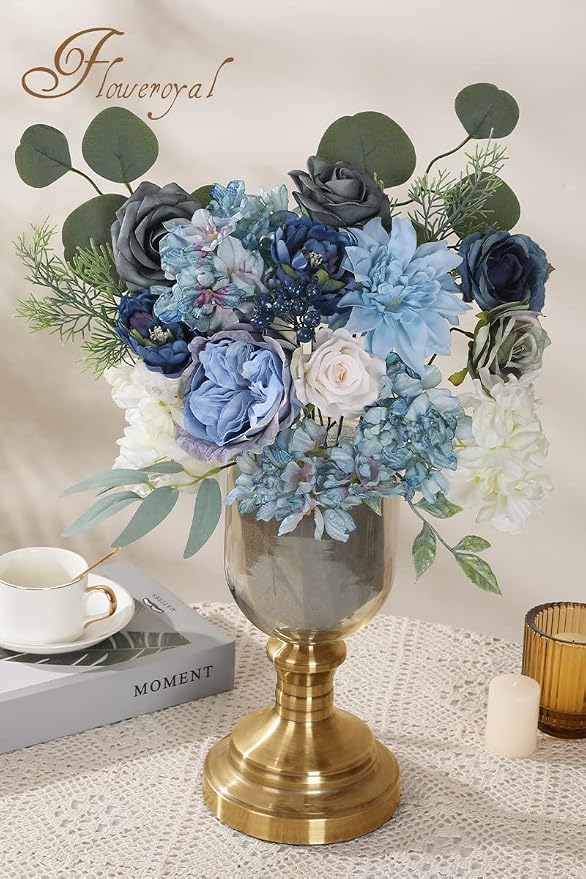 Artificial Flowers Combo Dusty Blue Flowers Mix Silk Flowers Dahlia Roses - Image 4