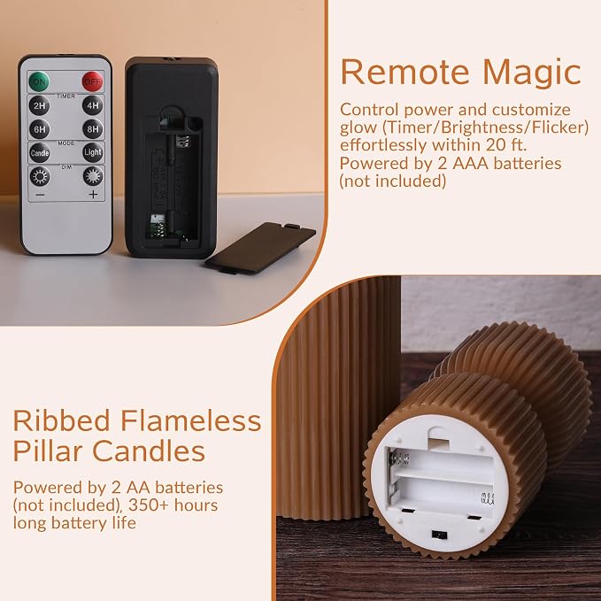 Brown Ribbed Fall Flameless Pillar Candles - Image 3