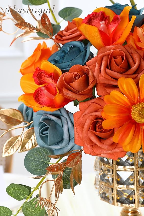 Artificial Flowers Combo Orange Flowers Mix Silk Flowers Fake Roses - Image 2
