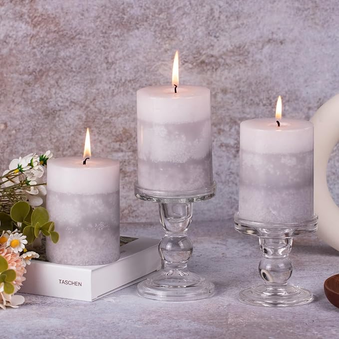 KONNI Layered Pillar Candles Set of 3, 2.8"x 4" Table Decor Gray | Handcrafted - Image 5