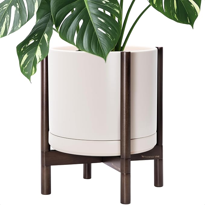D'vine Dev Ceramic Pot with Walnut Wood Stand, 14 in, 55-B-T-8 | Mid-Century by DvineDevPlanterPotsandStand