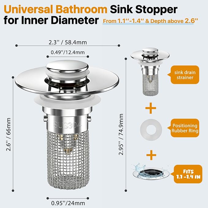 Bathroom Sink Drain Strainer Hair Catcher, Pop Up Universal Sink Drain Stopper - Image 2