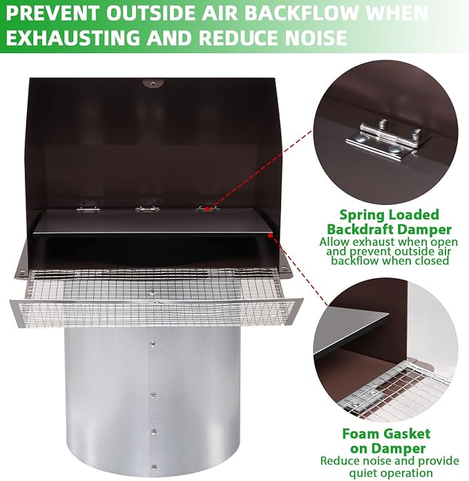 7Inch Hooded Wall Vent with Screen and Damper, Galvanized Steel Exhaust Vent - Image 4