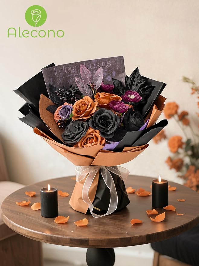 Alecono Orange and Purple Artificial Flowers, Silk Fake Floral Set | - Image 3