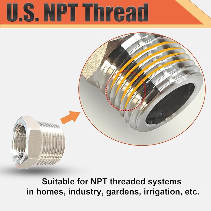 1" NPT Male to 3/4" NPT Female Reducer Bushing, 304 Stainless Steel Pipe Hex - Image 3