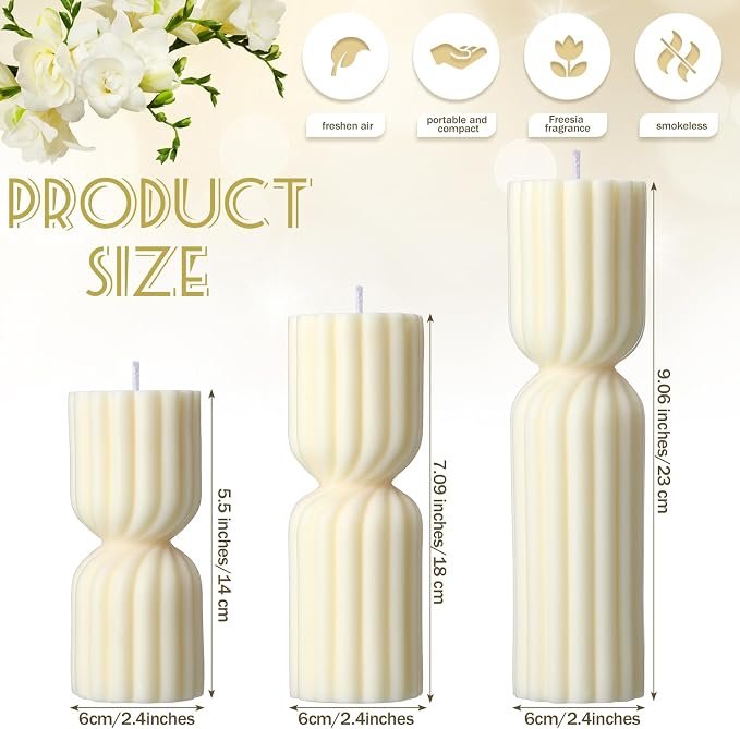 Conelist Ribbed Pillar Candles Set of 3 Width 2.4" High 5.5" 7" 9" Handmade - Image 2