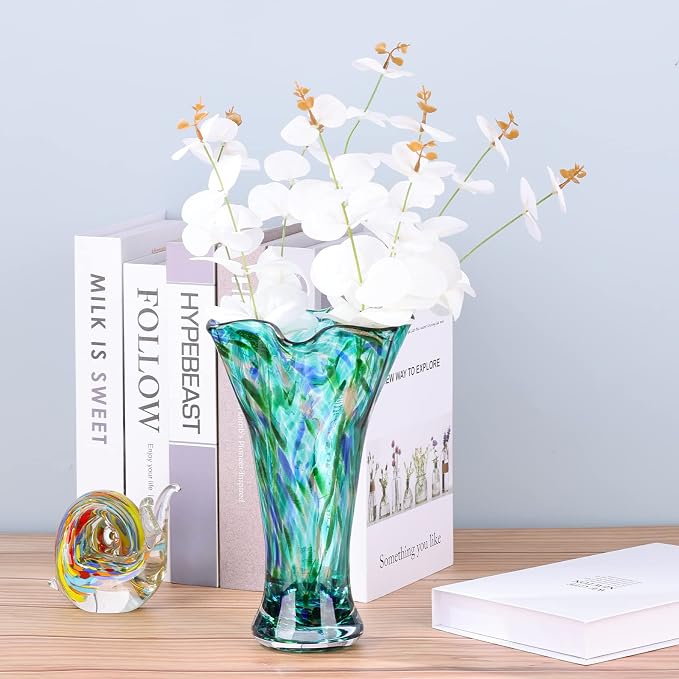 LCCCK 9.0" H Teal Glass Vases for Flower, Unique Hand Blown Glass Vase | Wide - Image 7