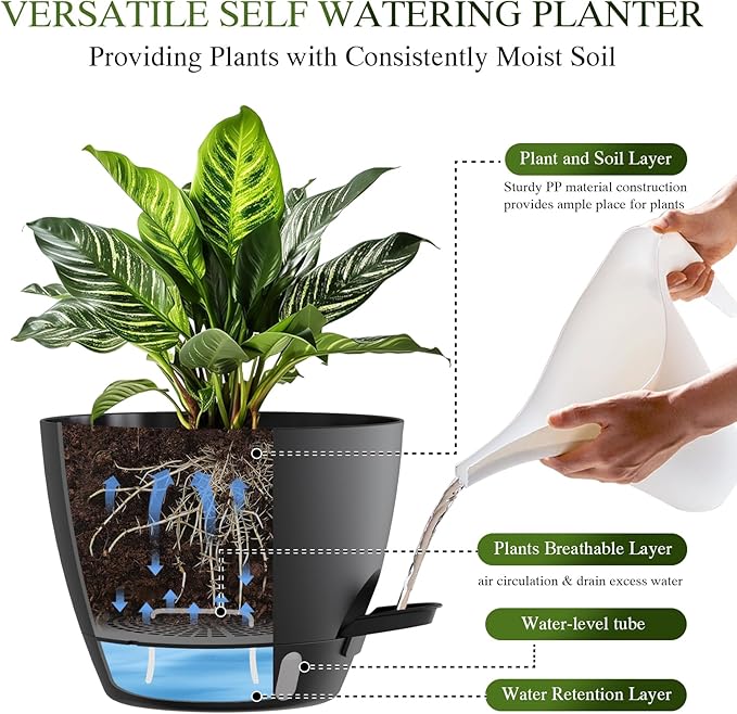 Self Watering Pots with Drainage Holes, 3 Pack 12/10/8 Inch Plant Pots with - Image 3