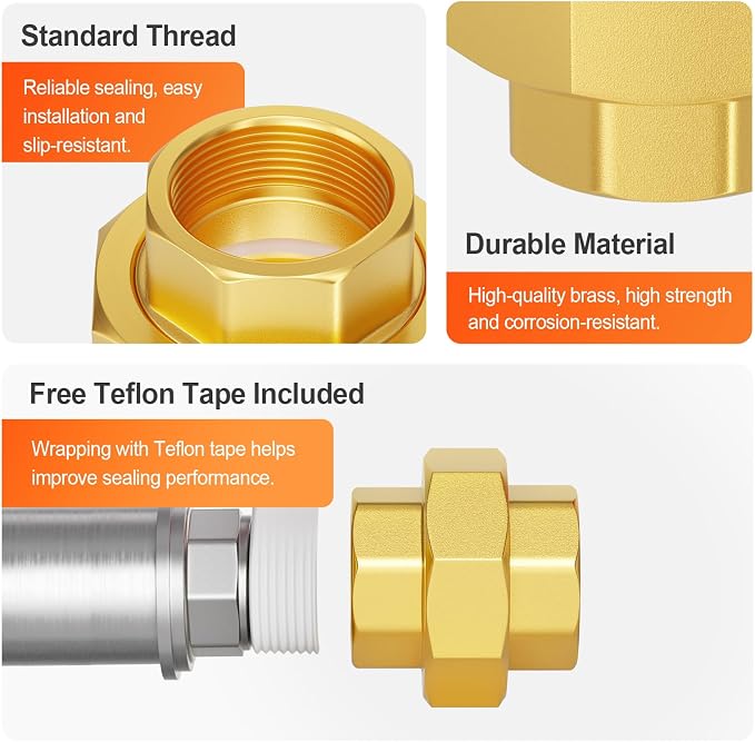 GASHER 2PCS 1-1/4"FNPT Brass Union Pipe Fitting | 1-1/4 InchNPT Female x 1-1/4 - Image 4