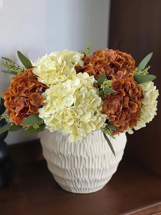 YalzoneMet 3 Pcs Orange Brown Hydrangea Artificial Flowers 21‘’ Real Touch - Image 3