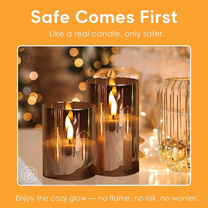 Smoke Grey Glass Flameless Pillar Candles - Image 5