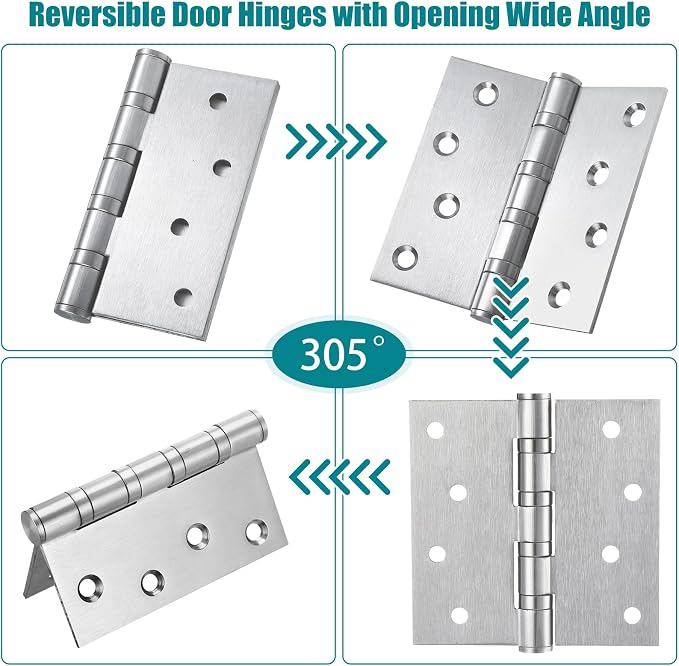 6 Pcs Silver 4'' Ball Bearing Door Hinges, Square Corner | Stainless Steel - Image 6