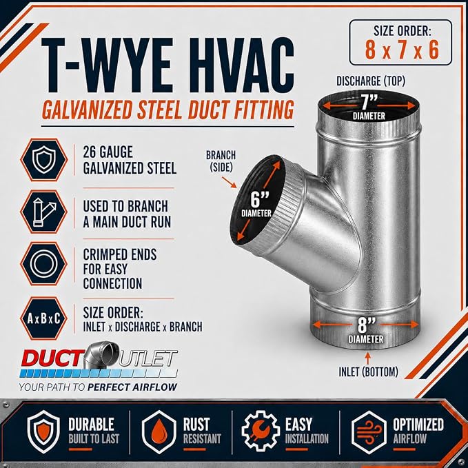 8" x 7" x 6" T-Wye HVAC Duct Fitting, 26 Gauge Galvanized Steel Round Duct - Image 2