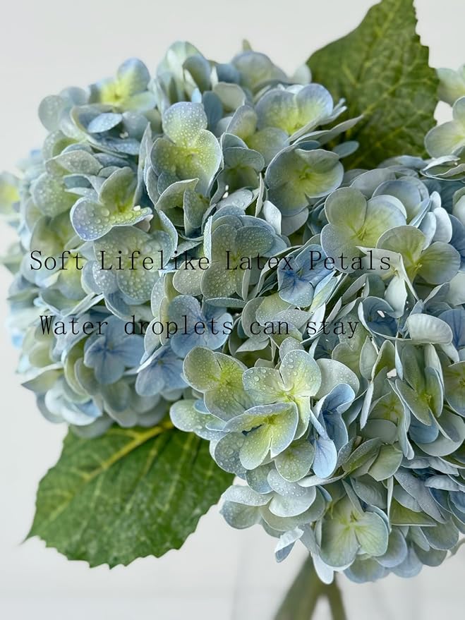 YalzoneMet 3 PCS Light Blue-Green Hydrangea Artificial Flowers 21'' Real Touch - Image 7