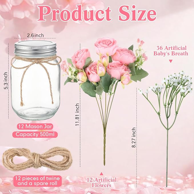 12 Sets Mason Jar Flowers Centerpiece Table Decorations, Light Pink | Faux - Image 4