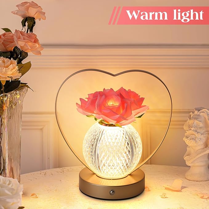 AMWGIMI Women Gifts Rose Flower Lamp Cordless LED Touch Lamp Decor Gift | - Image 2