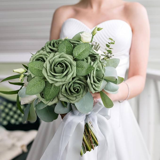 AmyHomie Green Rose 25pcs Real Looking Artificial Flowers w/Stem | Bouquet - Image 3