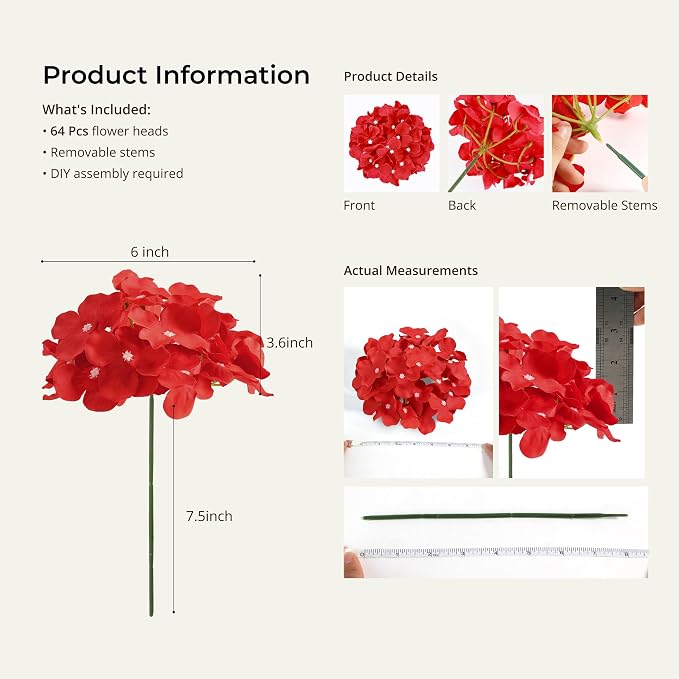 Auihiay 64Pcs Red Hydrangea Artificial Flowers, Fake Hydrangea Flowers | - Image 4